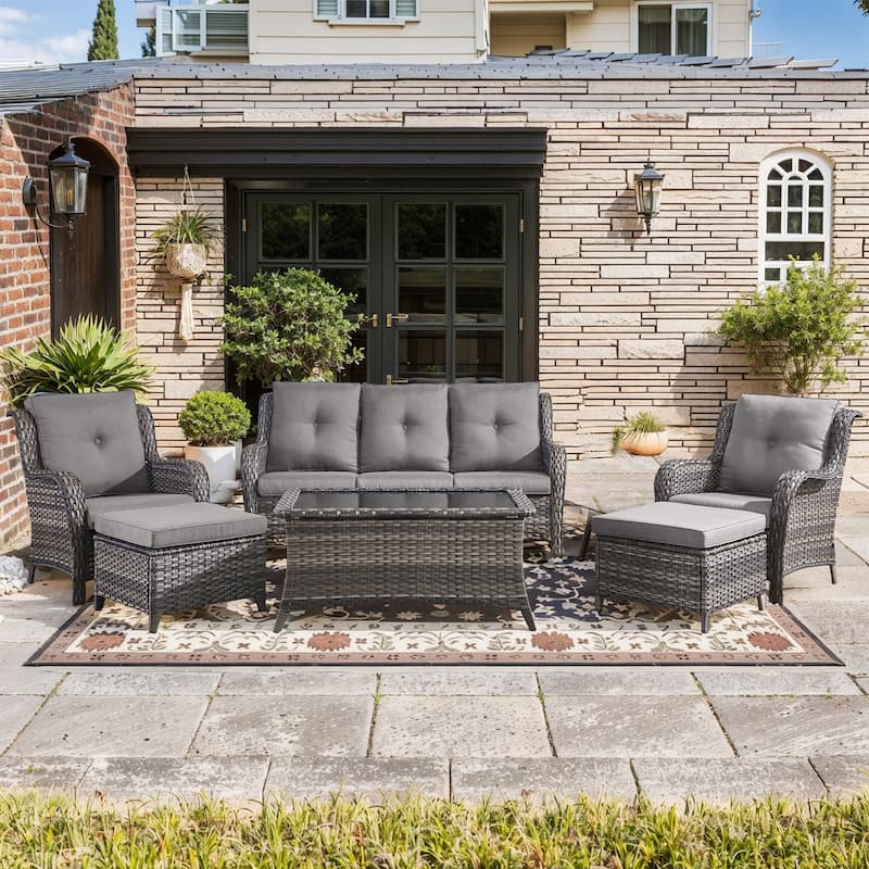 Pocassy 6 Pieces Outdoor 3-Seat Sofa Chairs Table Ottoman - Gray Wicker - Gray cushion