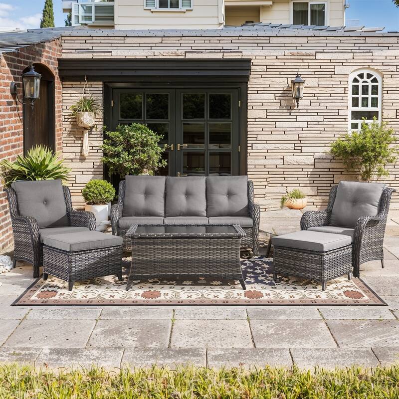 Pocassy Outdoor Sofa Chairs Table Ottoman - 6 Pieces 3-Seat Sofa Chair Table with Ottoman - Grey Rattan Grey Cushion