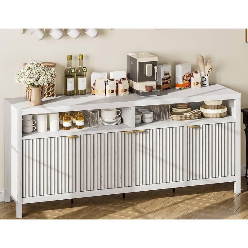 65.8 Inch Fluted Sideboard Buffet Cabinet with 4 Doors, Morden Kitchen Storage Cabinet with Fluted Door - White