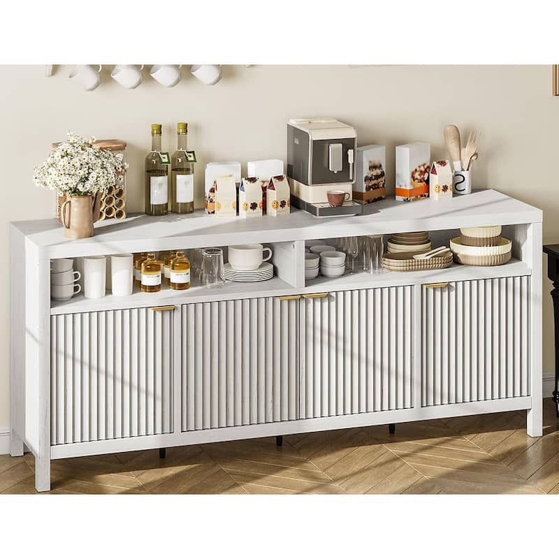65.8 Inch Fluted Sideboard Buffet Cabinet with 4 Doors with Fluted Door - White