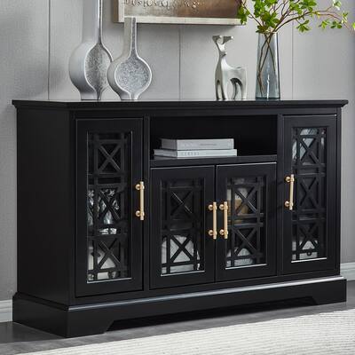 Sideboard Buffet Table with Tempered Glass Doors, Adjustable Shelves, Removable Cable Management for Living Room, Dining, Black