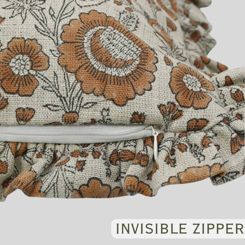 Fabdivine Heavy Linen Floral Ruffled Both Side Cushion Cover Home Décor Accent
