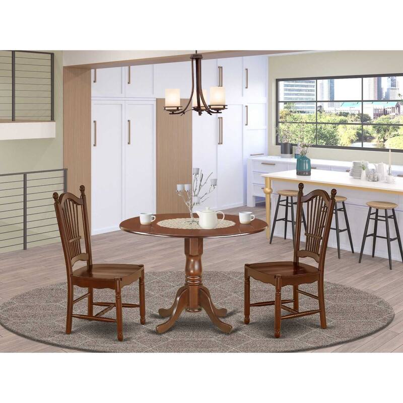 Family Dining Table Set - 42 Inch Round Table with 2 Chairs, Drop Leaf Design, Wood Seats, Cozy Gathering Table