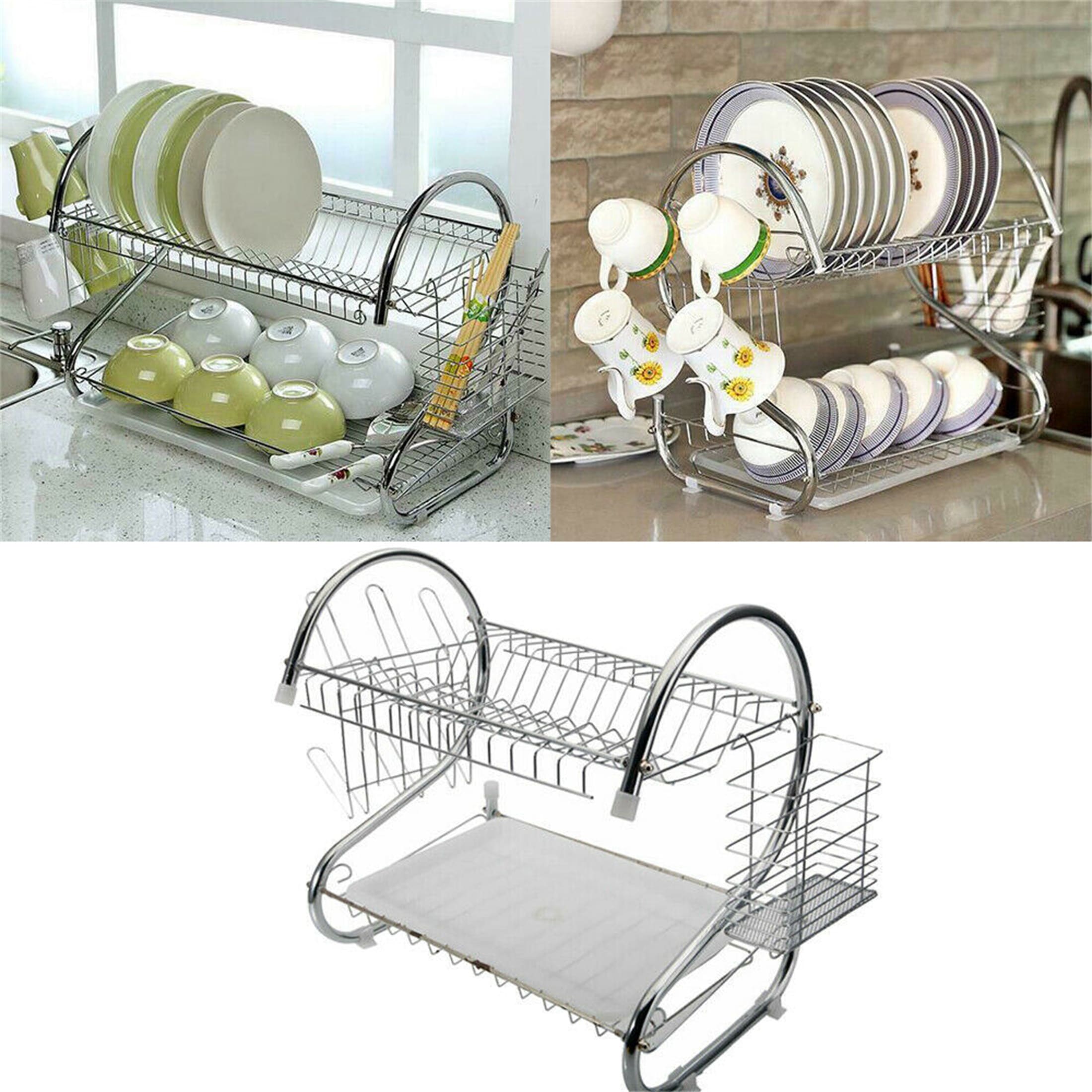 X-Chef 2 Tier Dish Drying Rack, 304 Stainless Steel Large Dish Rack with  Drainboard and Microfiber Mat, Dish Drainer for
