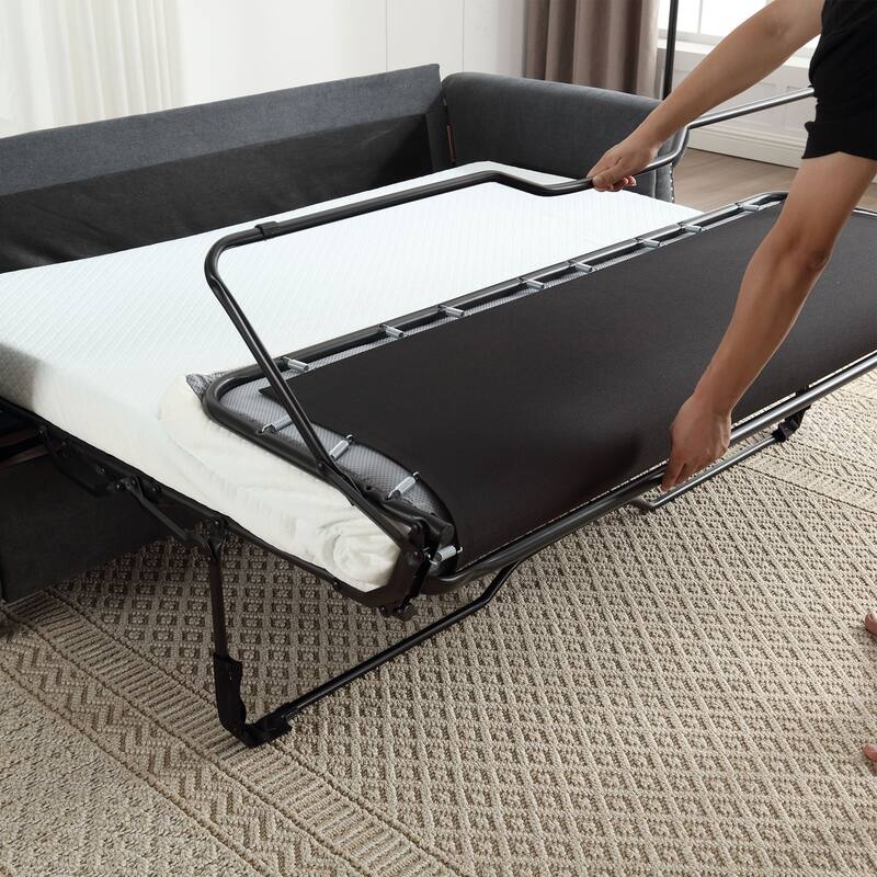 63″ Polyester 3-Seater Sleeper Sofa with Pull-Out Mattress & Retro Rivet Arms