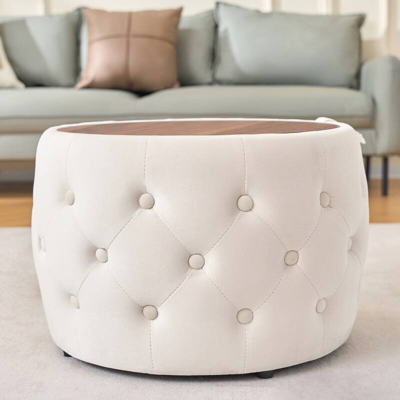 Luxurious Nesting Ottomans of 2, Round Storage Foot Stool with Wood Tray
