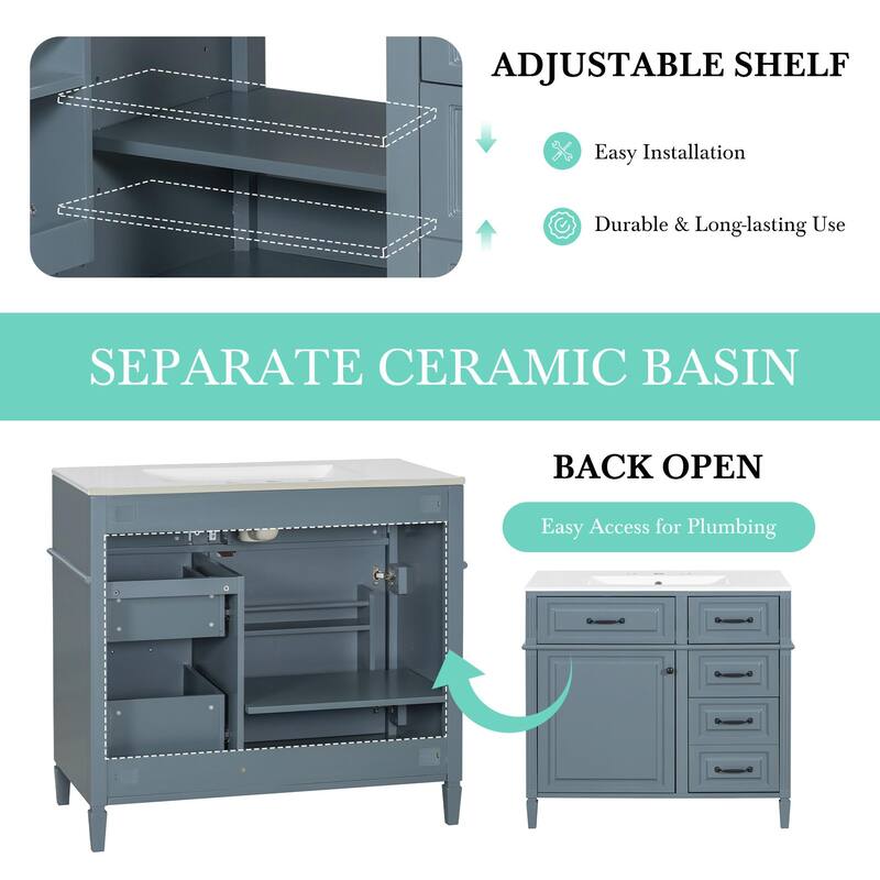 36-Inch Bathroom Vanity with Ceramic Sink Top, Solid Wood Frame and MDF Cabinet