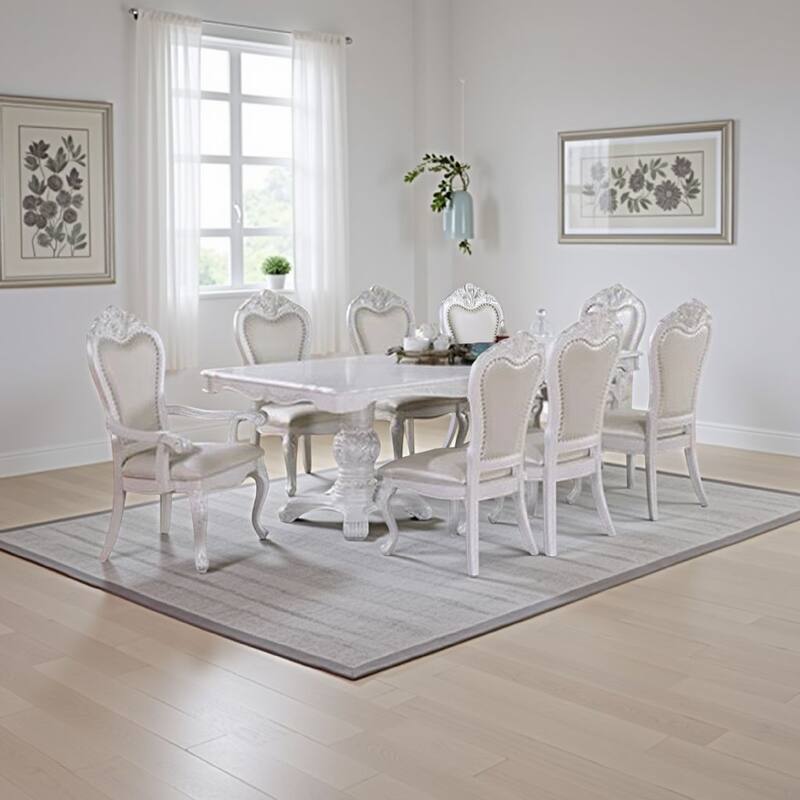 Zenie 9pc Dining Set, Classy White Wood Table, 8 Chairs, Faux Leather