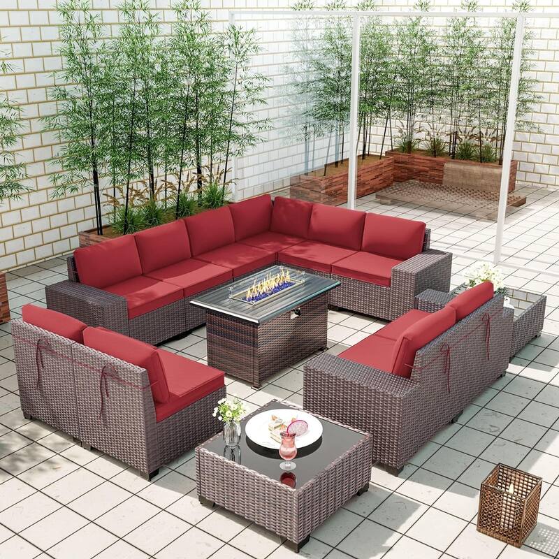 Delnavik 13 Pieces Outdoor Patio Furniture Set with Fire Pit Table w/ Wide Armrests