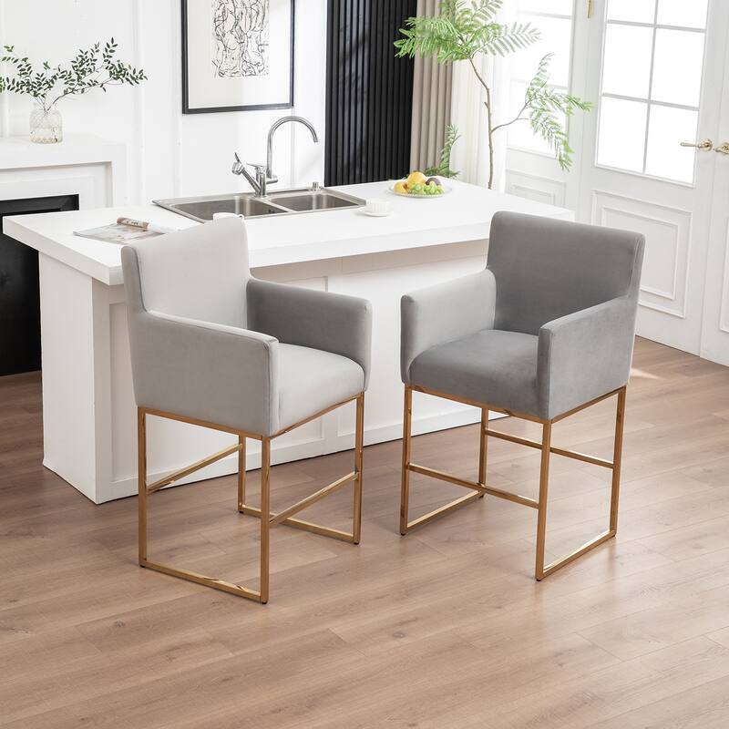 SEYNAR Mid Century Modern Velvet Accent Armrest 27-inch Tall Bar Stool Set of 2 with Metal Frame