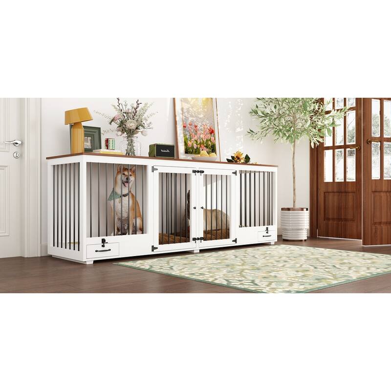 Wooden Dog Crate Furniture for 2 Large Dogs Indoor Pet Crate with Feeding Drawers Top Storage