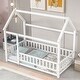 preview thumbnail 21 of 71, Floor Wooden Bed with House Roof and Fence Guardrails for Kids' Bedroom Twin - White