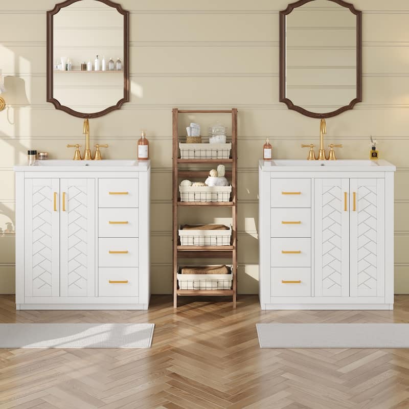 Roomfitters 60" Double Sink Bathroom Vanity with Ceramic Top, Solid Wood Storage Cabinet with Drawers and Soft Close Doors