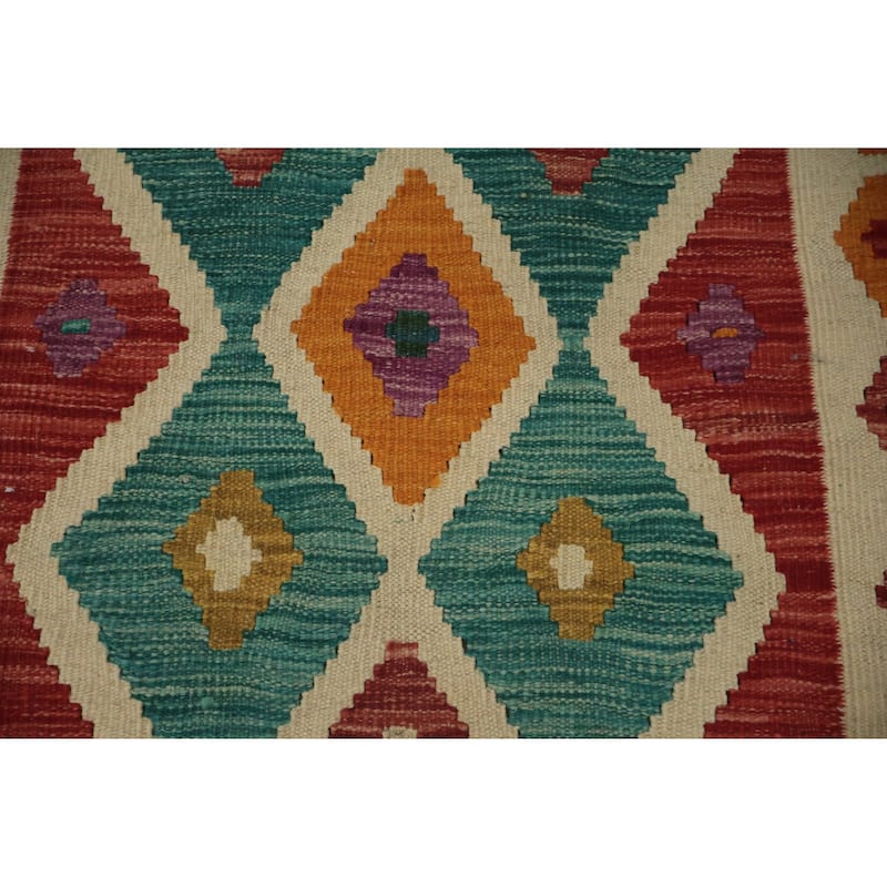 Hand Woven Oriental 100% Wool Carpet Southwestern Modern Green Kilim Runner Rug - 8' 10'' X 2' 7''
