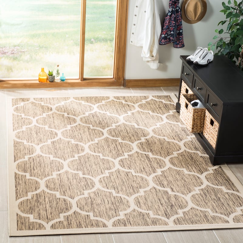 SAFAVIEH Courtyard Kathy Indoor/ Outdoor Waterproof Patio Backyard Rug - 4' x 5'7" - Brown/Bone