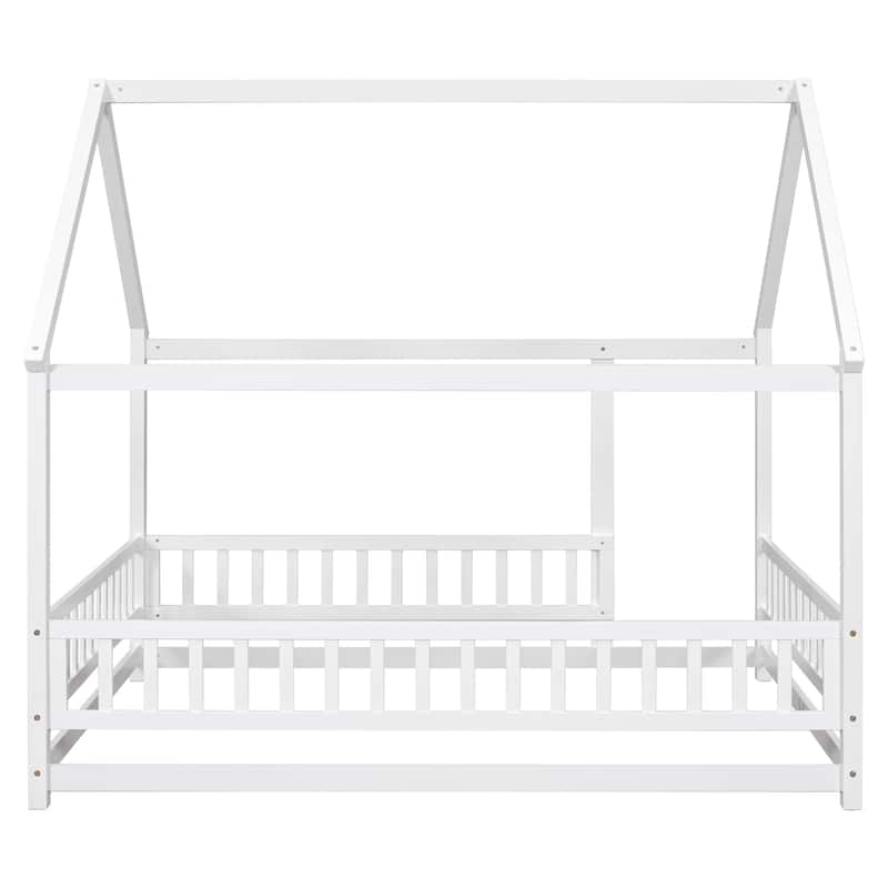 Full Size Floor Wooden Bed with House Roof Frame