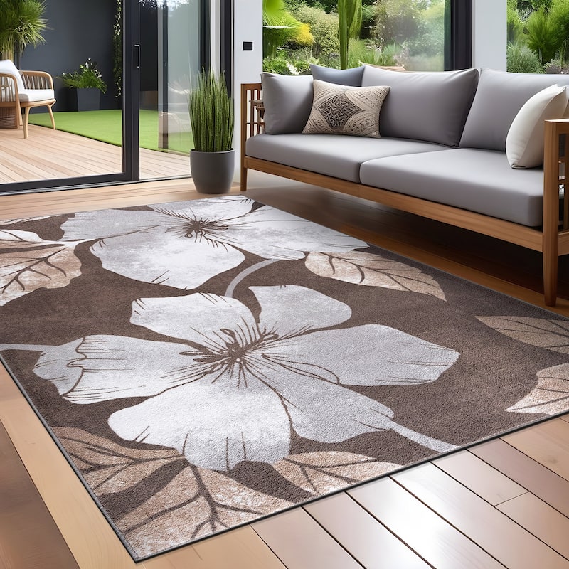 Bahamas Black White Floral Non-Slip Rubber Back Indoor Area Rug