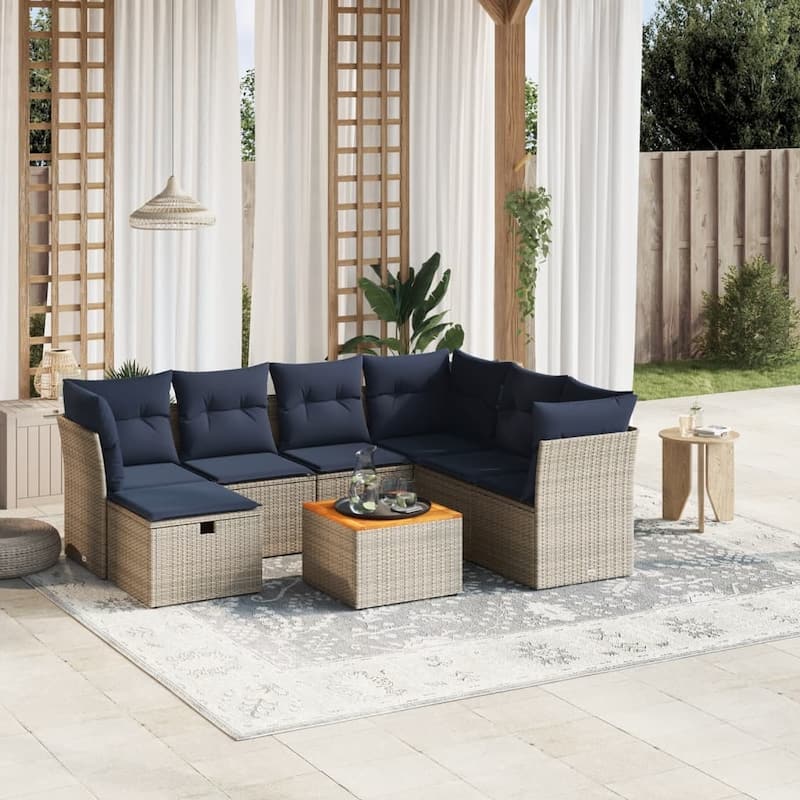 vidaXL Patio Sofa Set with Cushions Outdoor Furniture 8 Piece Poly Rattan - 24.4" x 24.4" x 27.2" - Gray and navy blue 3middle+3corner+footrest+table