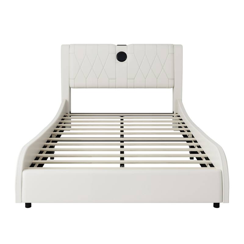 Faux Leather Upholstered Frame Platform Bed with Thickened Headboard Built-in Bluetooth Speakers, RGB LED Light Bed Frame