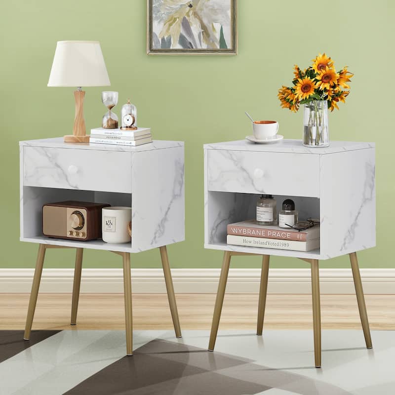 Javlergo Set of 2 Mid-century Modern Nightstand for Bedroom with Storage Drawer and Shelf Small Side End Table for Living Room - White