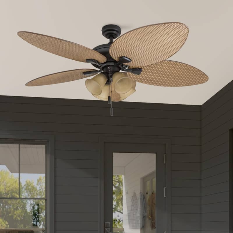 52" Honeywell Palm Valley Bronze Indoor/Outdoor Ceiling Fan with Light, Pull Chain, 5 Palm Leaf Blades - Bronze - Hardwired