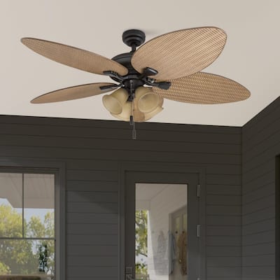52" Honeywell Palm Valley Bronze Indoor/Outdoor Ceiling Fan with Light, Pull Chain, 5 Palm Leaf Blades