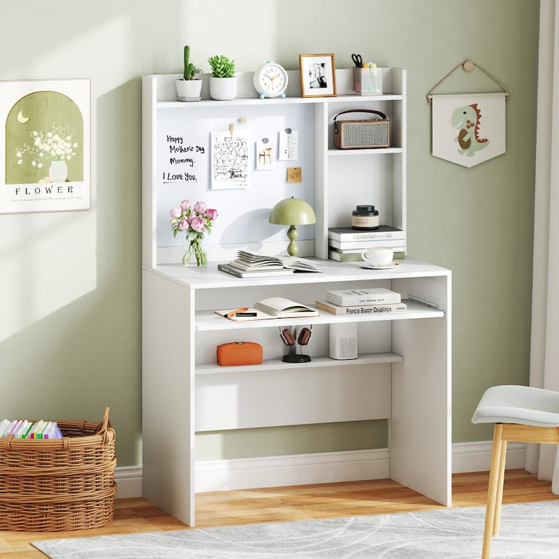 Computer Desk with Hutch and Magnetic Whiteboard for Home Office - White