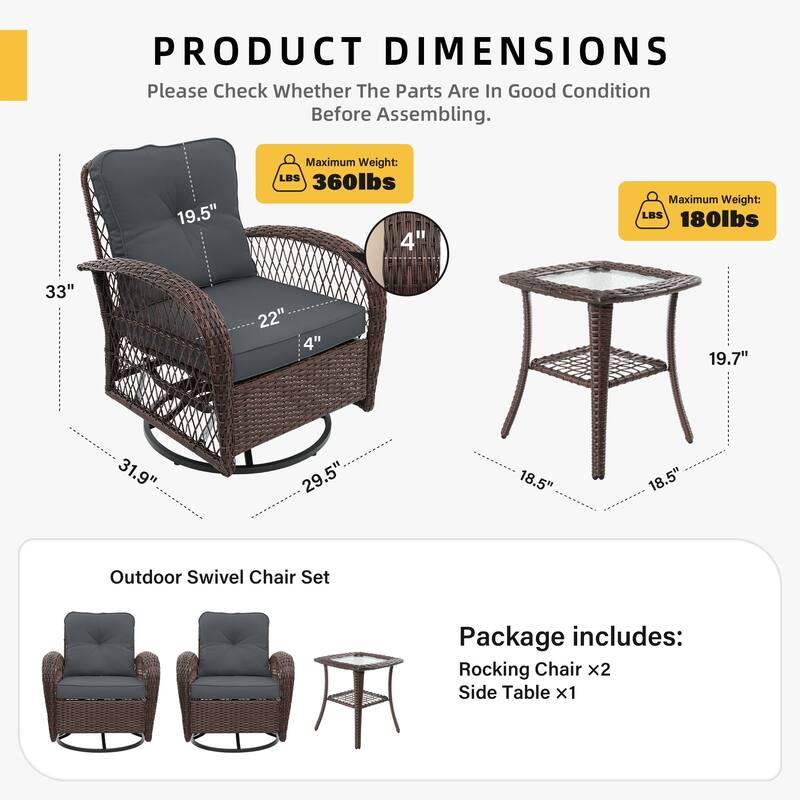 UPHA 3-Piece Patio Outdoor Wicker Swivel Rocking Chair Set with Side Table and Cushions