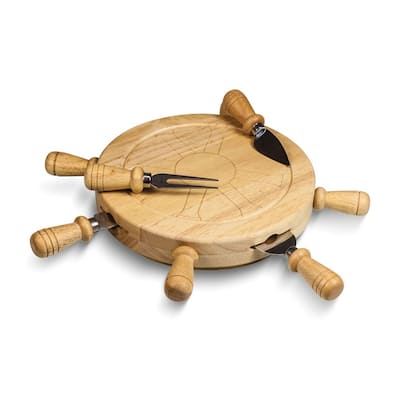Curata Mariner Rubberwood Board with Stainless Steel Cheese Tools Stored Inside - 13.4x17.9"