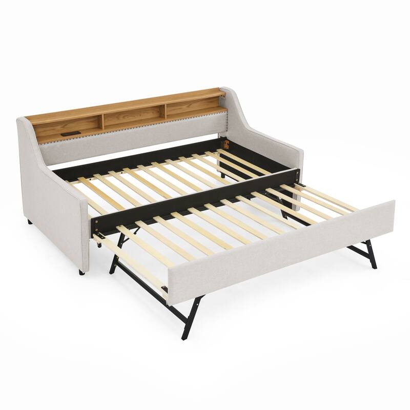 Roomfitters Twin Upholstered Daybed with LED Headboard Storage, Foldable-Leg Trundle & Wireless Charging