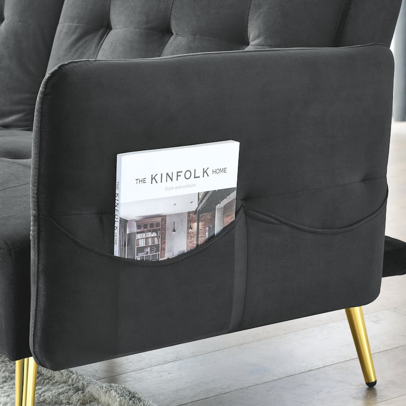 Velvet Futon Sofa Bed with Folded Armrests