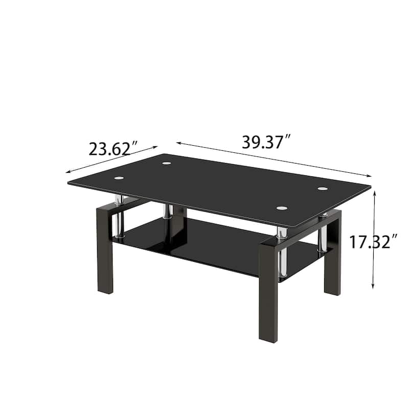 Tempered Clear Glass Coffee Table, 2-Layers Coffee Table Living Room Center Table - Transparent Black