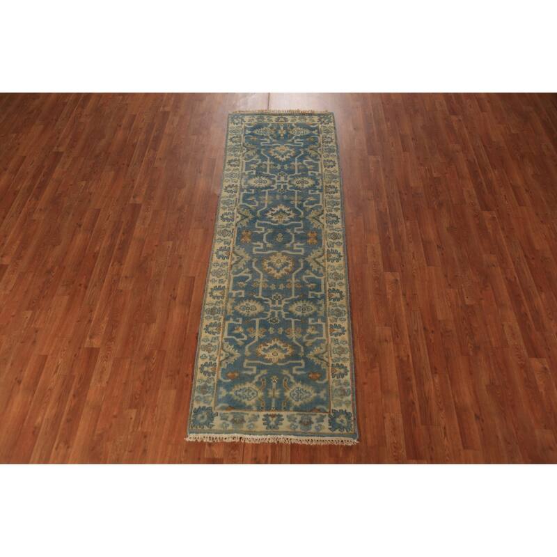 Blue Geometric Oushak Indian Runner Rug Hand-Knotted Wool Carpet - 2'7"x 7'9"