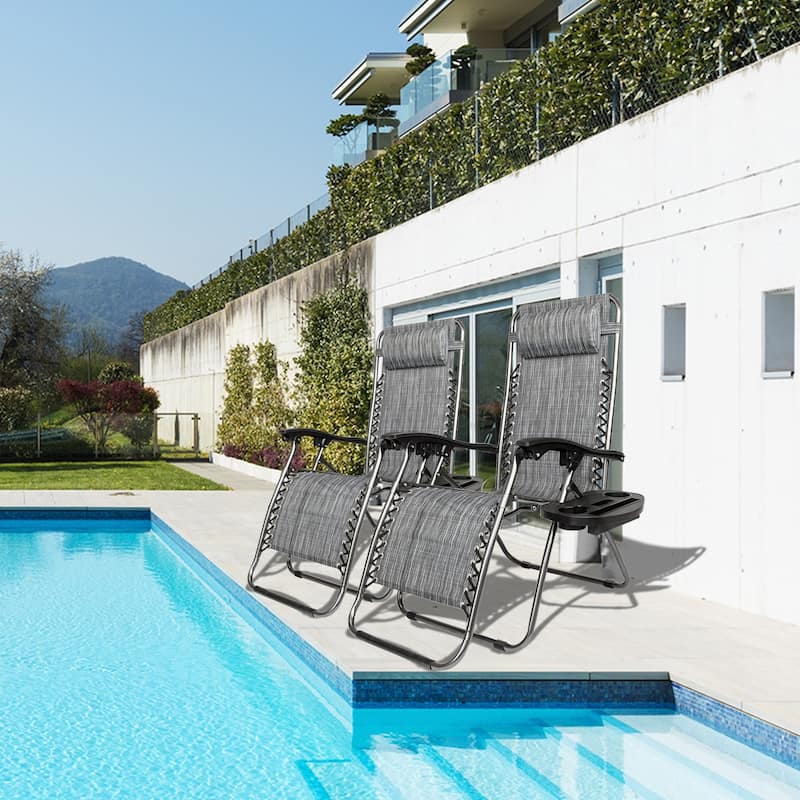 Set of 2 Zero Gravity Recliner Lounge Chairs with Cup Holders, Folding Patio Camping Beach Chairs for Outdoor Relaxation