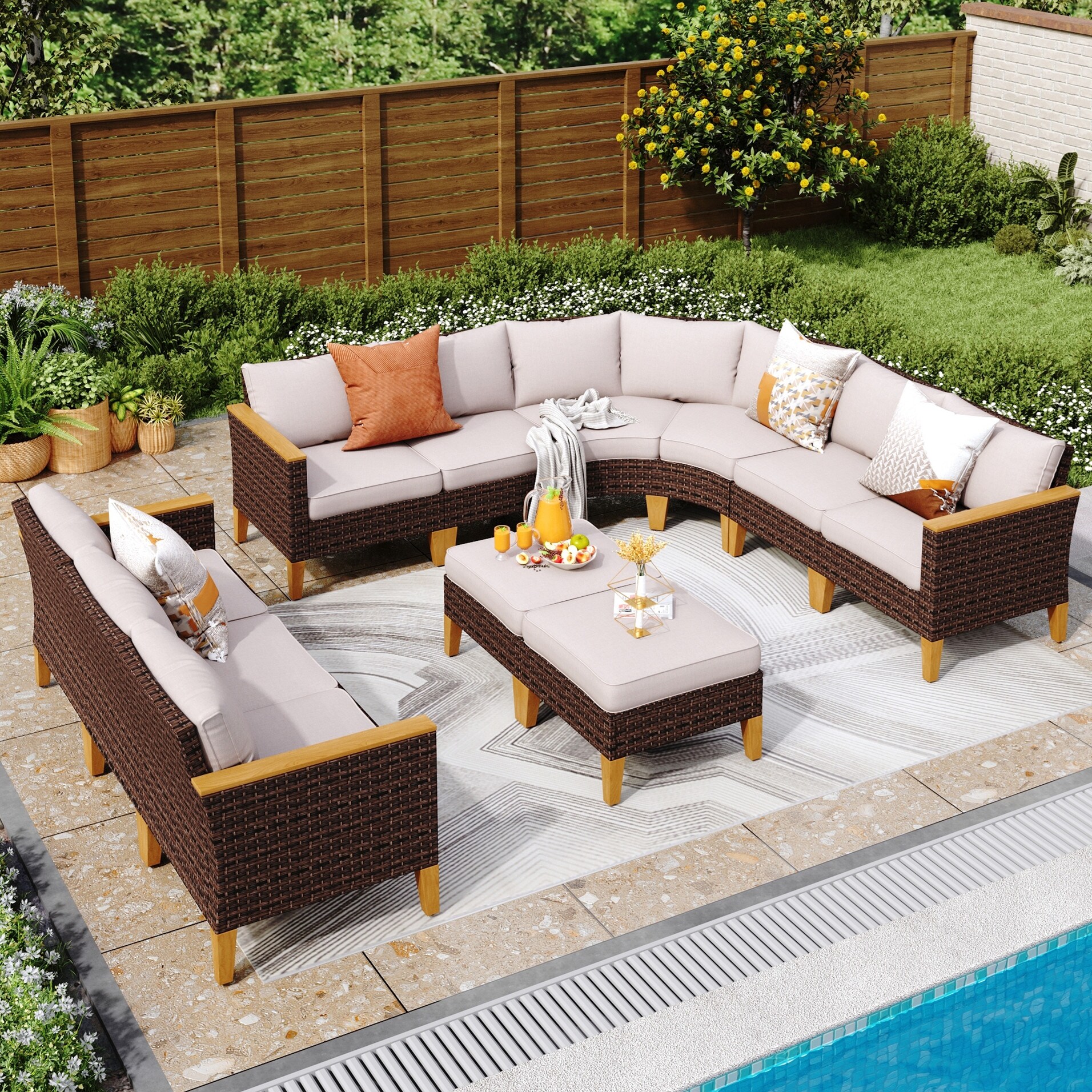 11 Piece Outdoor Wicker Half Round Furniture Set Half Moon Sectional Sofa All Weather Curved Conversation Set Bed Bath Beyond 37667050