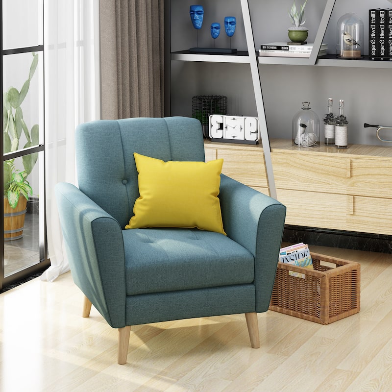 Roomfitters Mid-Century Fabric Club Chair with Channel Stitching, Cushioned Seat and Wooden Legs for Living Room Comfort - Blue
