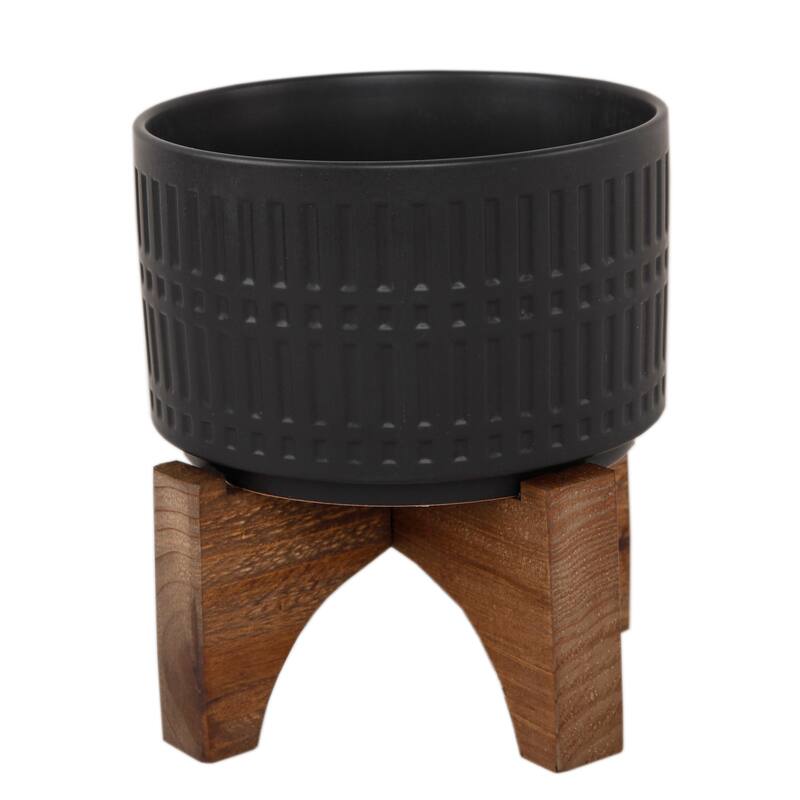 Mid-Century 7" Roman Ceramic Pot on Wood Stand - Black