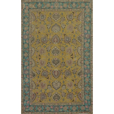 Hand Knotted Oriental 100% Wool Carpet Traditional Floral Yellow & Gold Tabriz Area Rug - 9' 0'' X 6' 4''