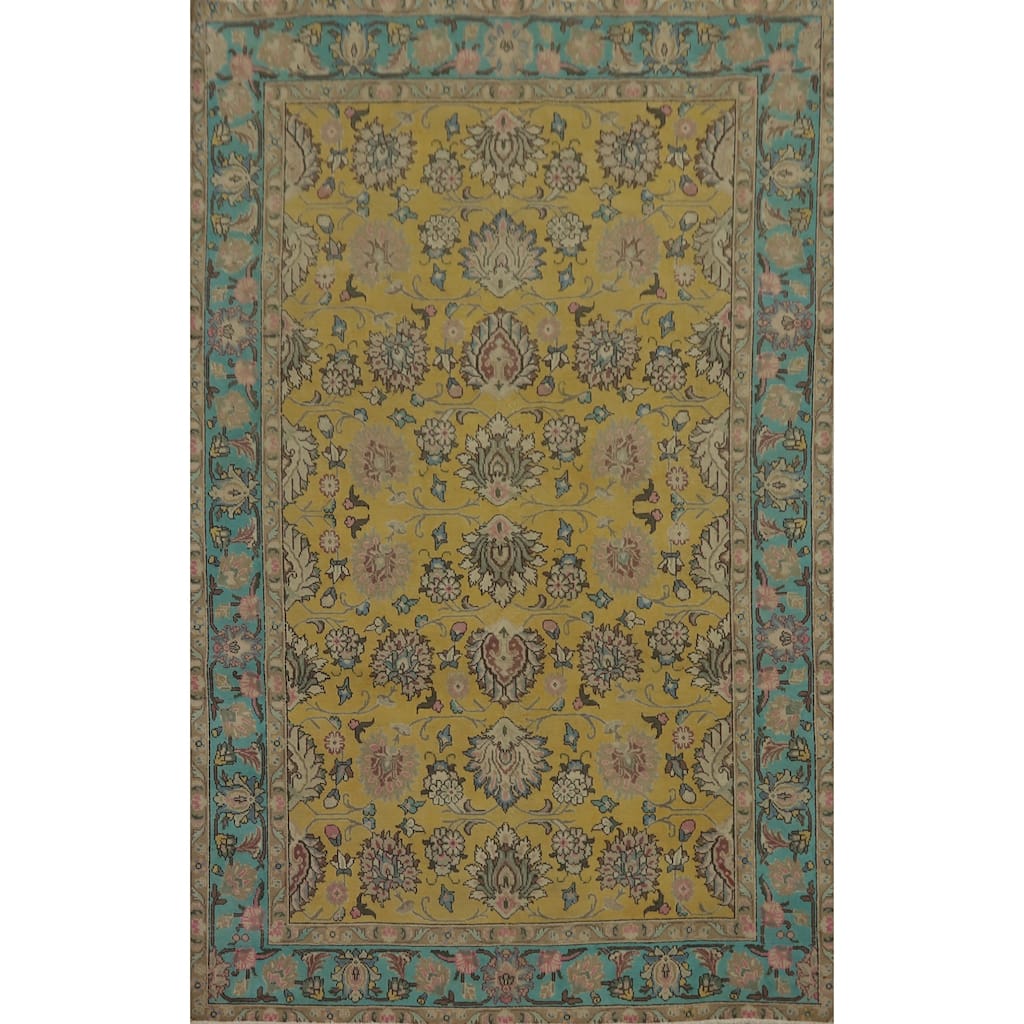 Hand Knotted Oriental 100% Wool Carpet Traditional Floral Yellow & Gold Tabriz Area Rug - 9' 0'' X 6' 4''