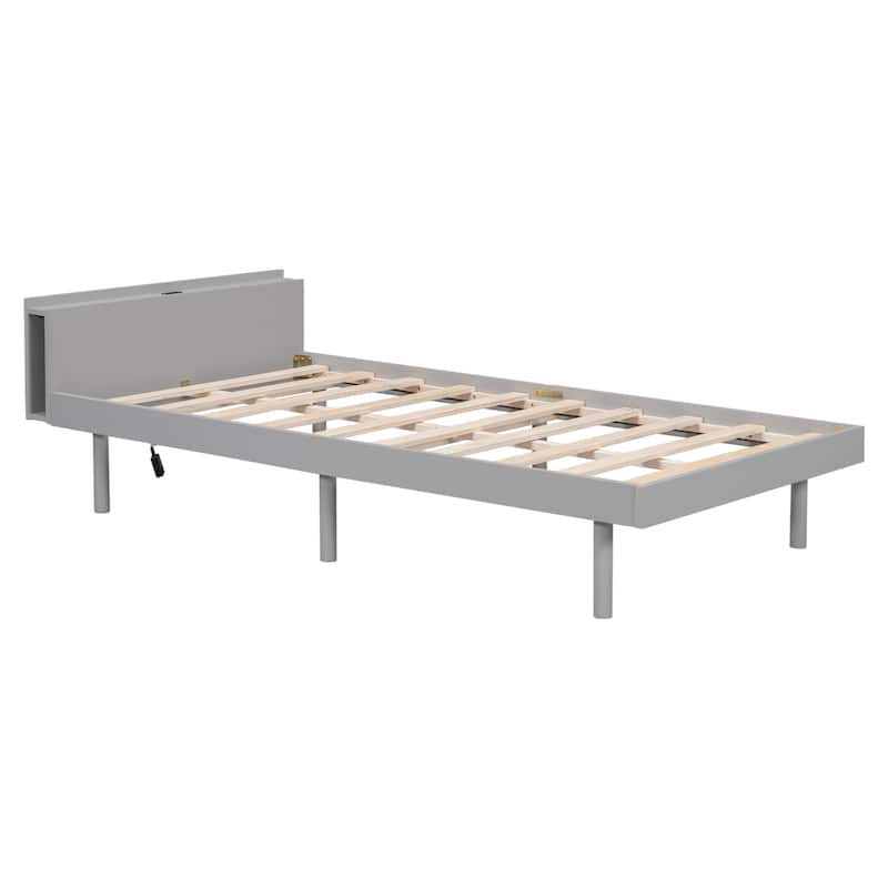 Modern Design Twin Size Platform Bed Frame with Built-in USB Ports for All Ages, Strong Wooden Slats/Large Storage Space