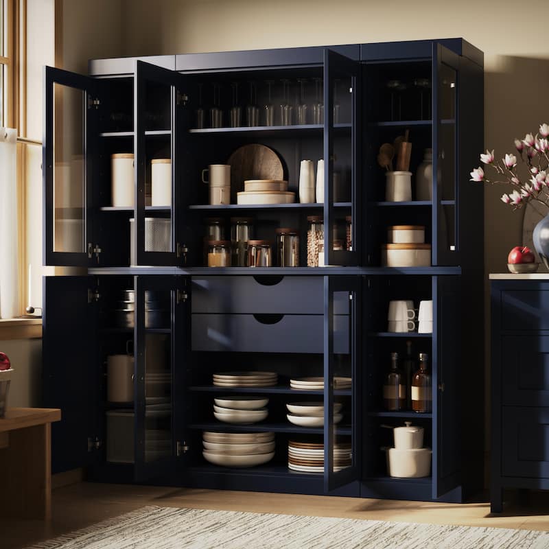 Palace Imports 100% Solid Wood Kitchen China Cabinet Pantry with Glass or Solid Wood Doors and 2-Drawer Kit - 65" x 71.5" - Navy - Clear Glass-Solid