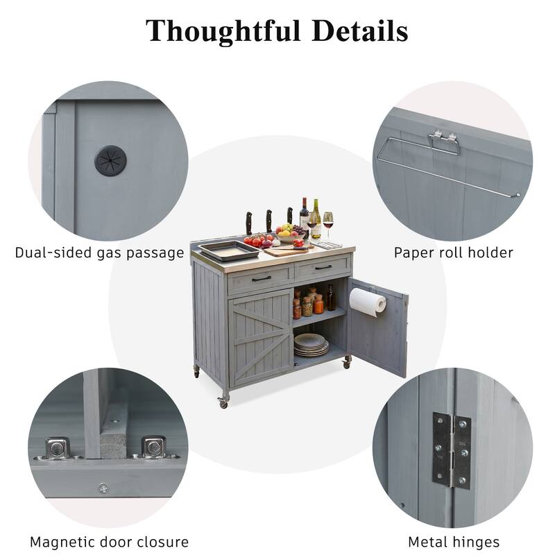 39.4" Outdoor Kitchen Island with Stainless Table Top, One Large Drawer, Adjustable Shelves, Internal Storage Racks & 4 Wheels