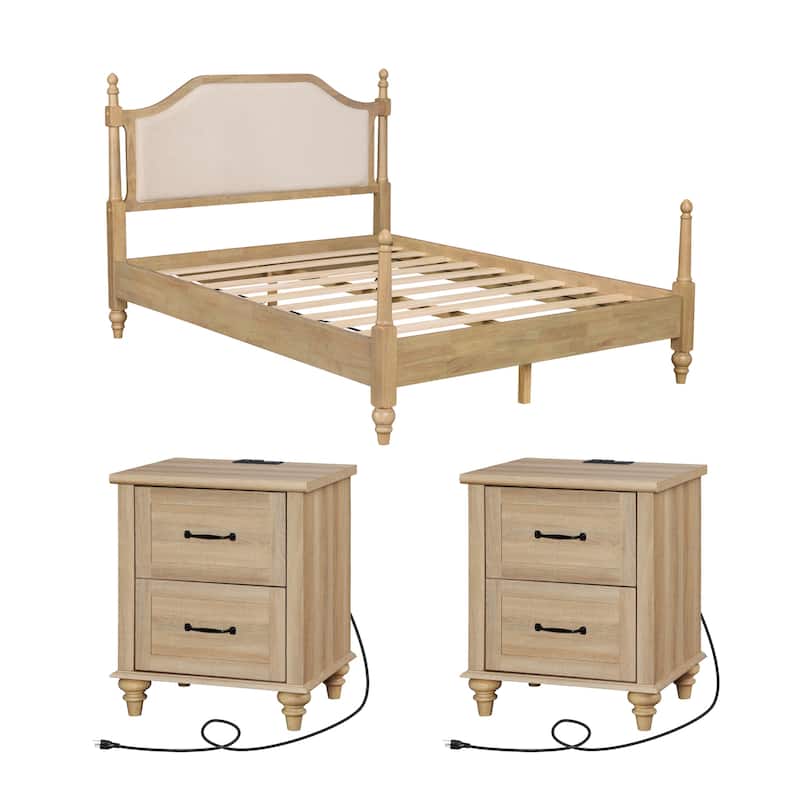 3 Piece Bedroom Set, Queen Size Bed Frame & Set of 2 Nightstands, Oak
