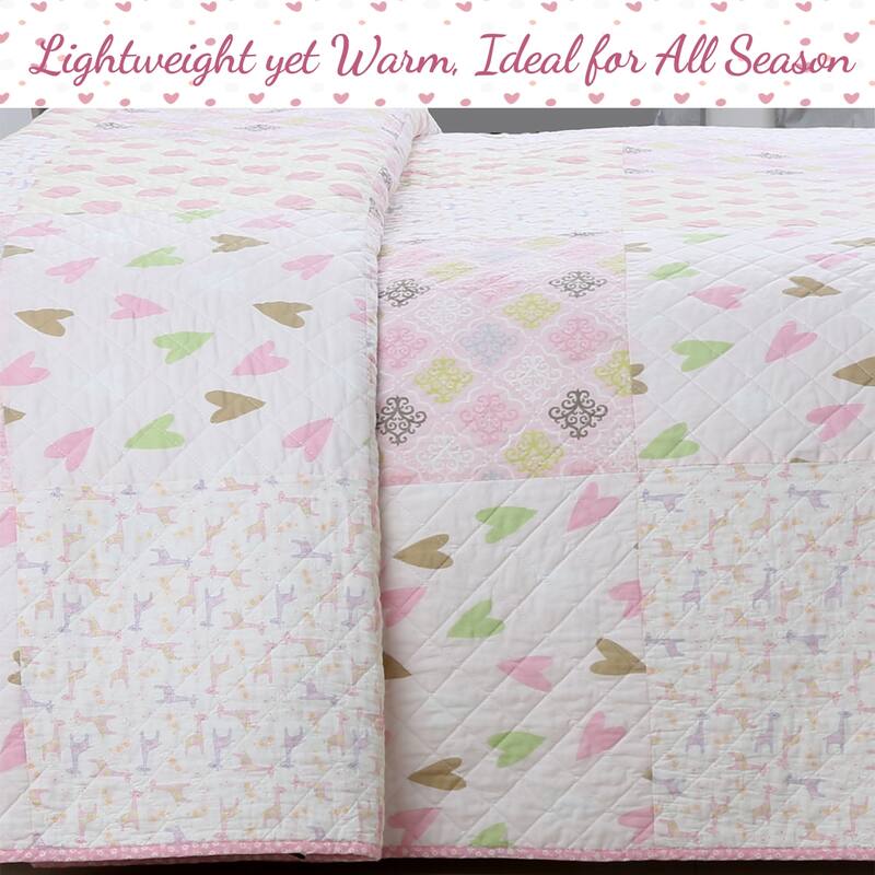 Cozy Line Pink Heart Floral Dot Giraffe Medallion Cotton Patchwork Reversible Quilt Bedding Set