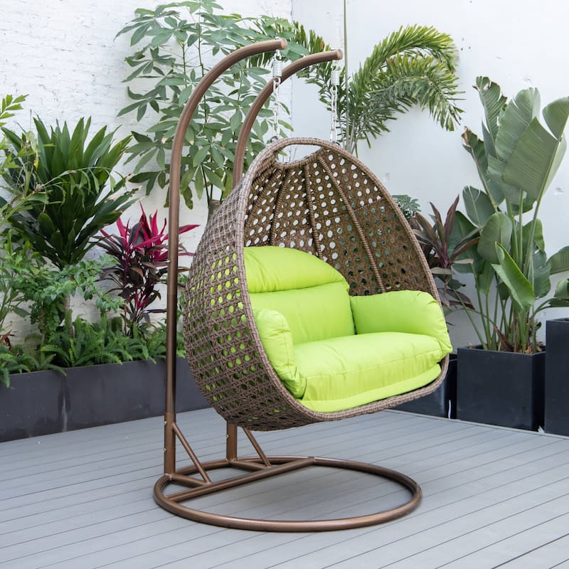 LeisureMod Mendoza Dark Brown 2 Seater Wicker Patio Hanging Double Swing Chair for Patio Porch Backyard Garden - 53"
