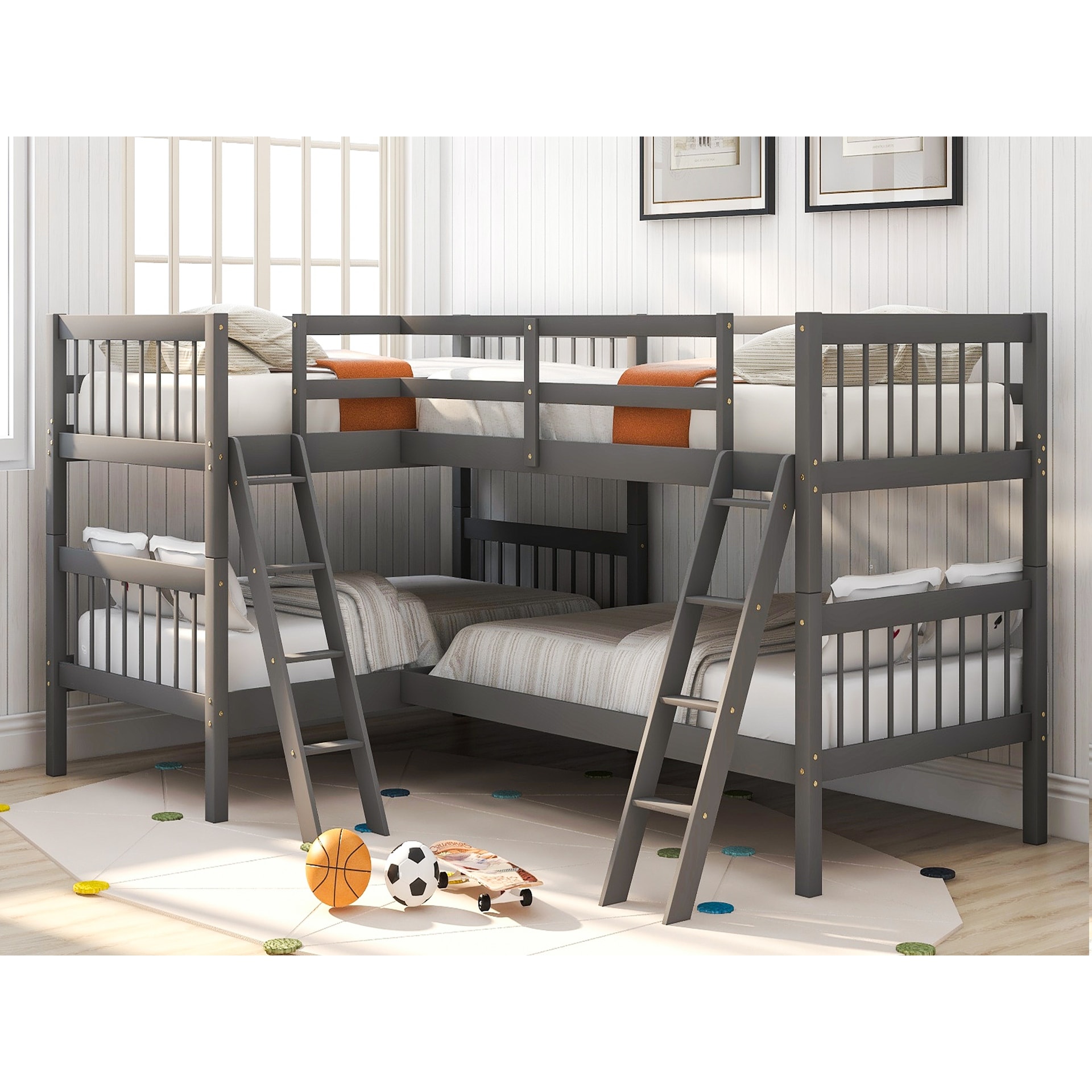 Twin Size L Shaped Bunk Bed Wooden Bedframe Can Separate to 2
