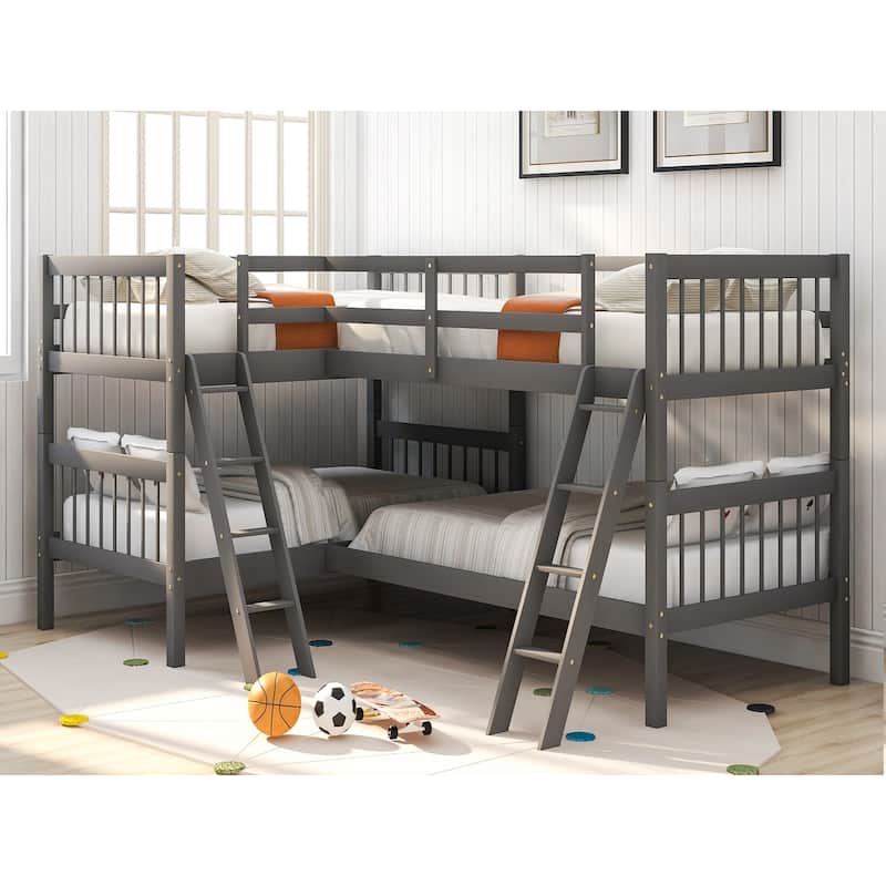 Twin Size L-Shaped Bunk Bed with Ladder in Gray