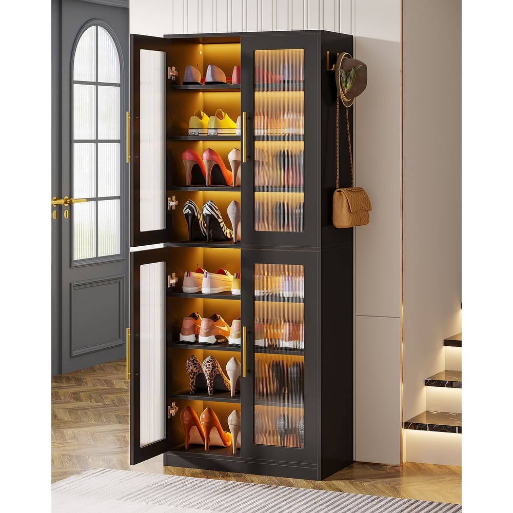 Modern Tall Entryway Shoe Storage Cabinet with Acrylic Doors and LED Light - 8-Tier