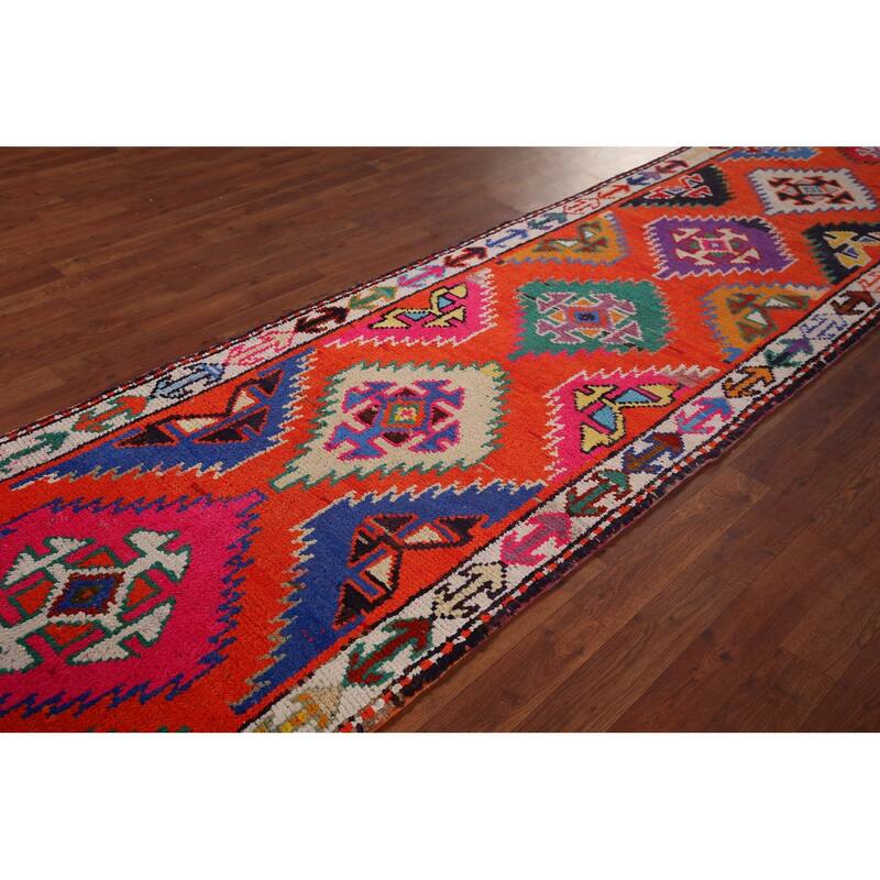Orange Tribal Anatolian Oriental Runner Rug Handmade Silk Carpet - 3'0"x 13'3"