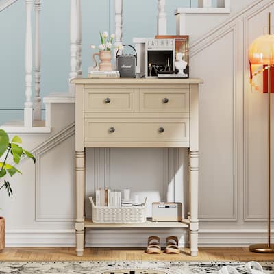 Narrow Console Table Entryway Table with 3 Drawers and Bottom Storage Shelf, Slim Sofa Side Table, Rubber Wood Frame, Beige